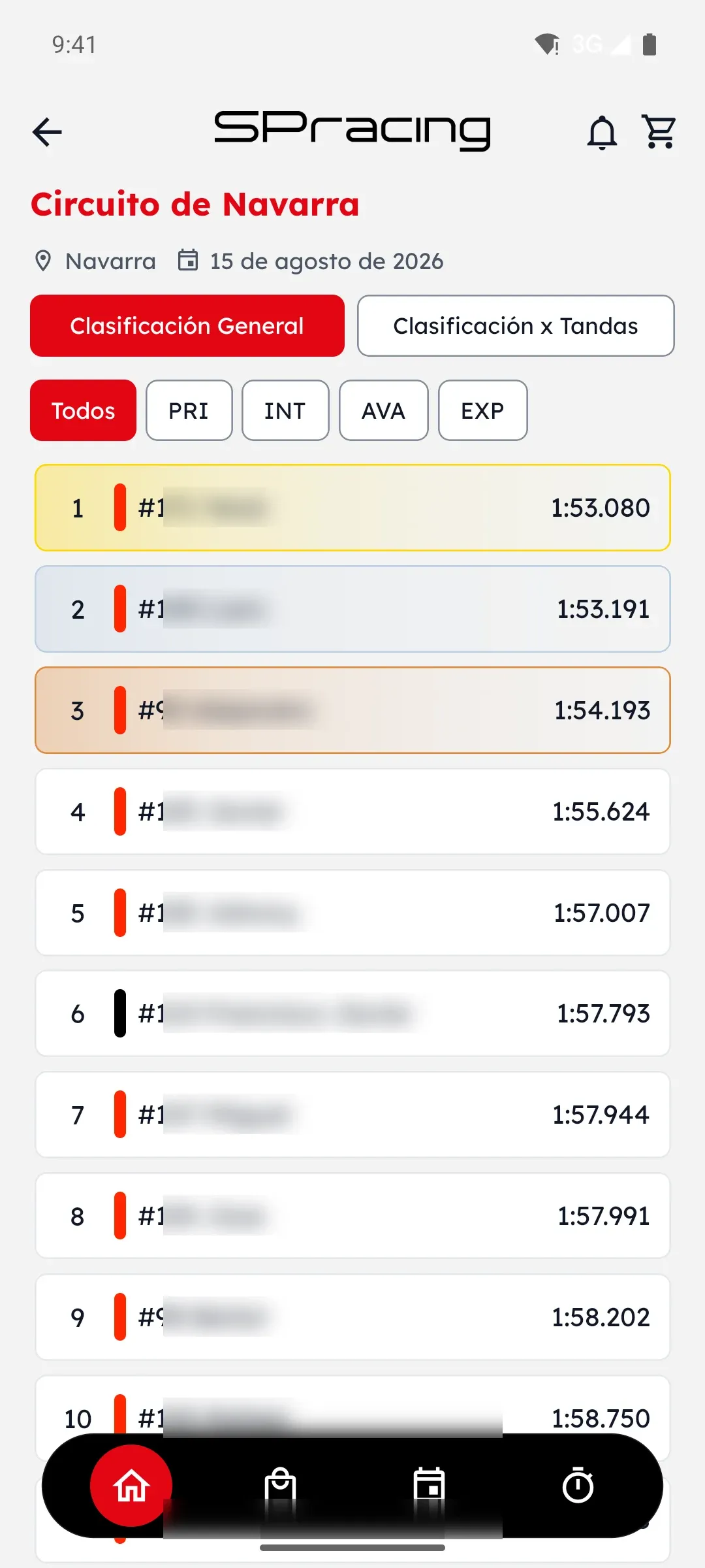 Clasificación en directo de una tanda en el Circuito de Navarra en la app SPRacing (nombres difuminados)