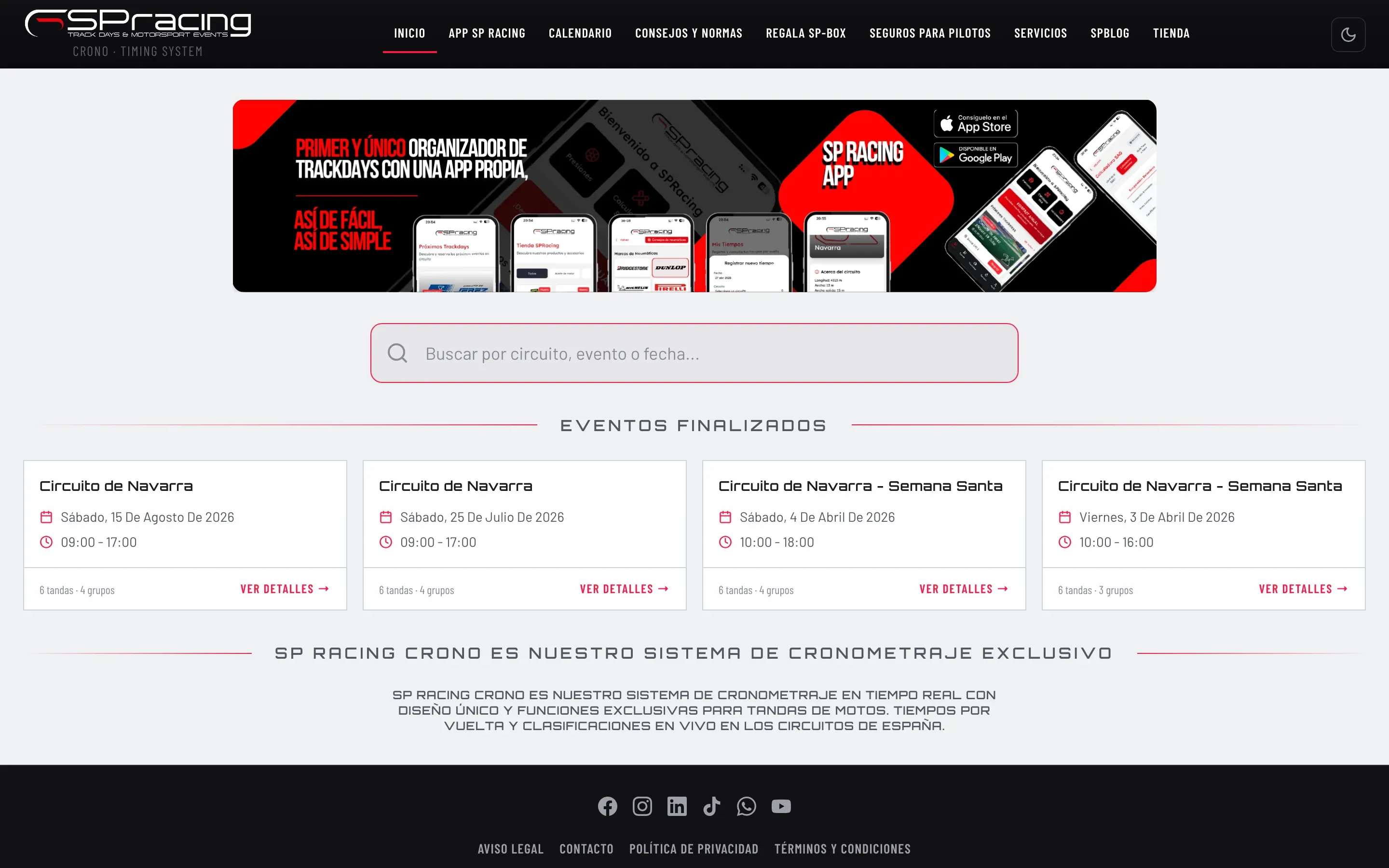 Portada de crono.spracing.es con los eventos finalizados en el Circuito de Navarra