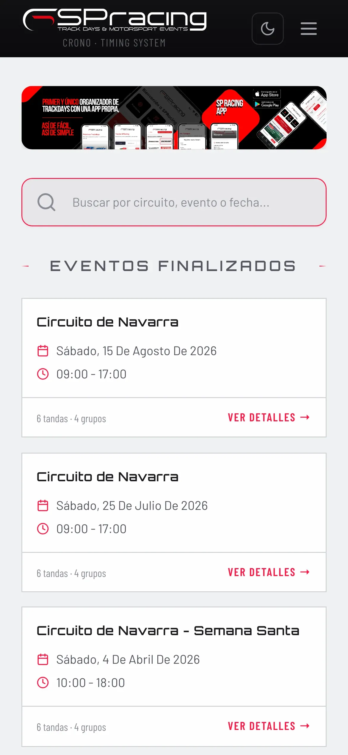 Crono en el móvil con la lista de eventos
