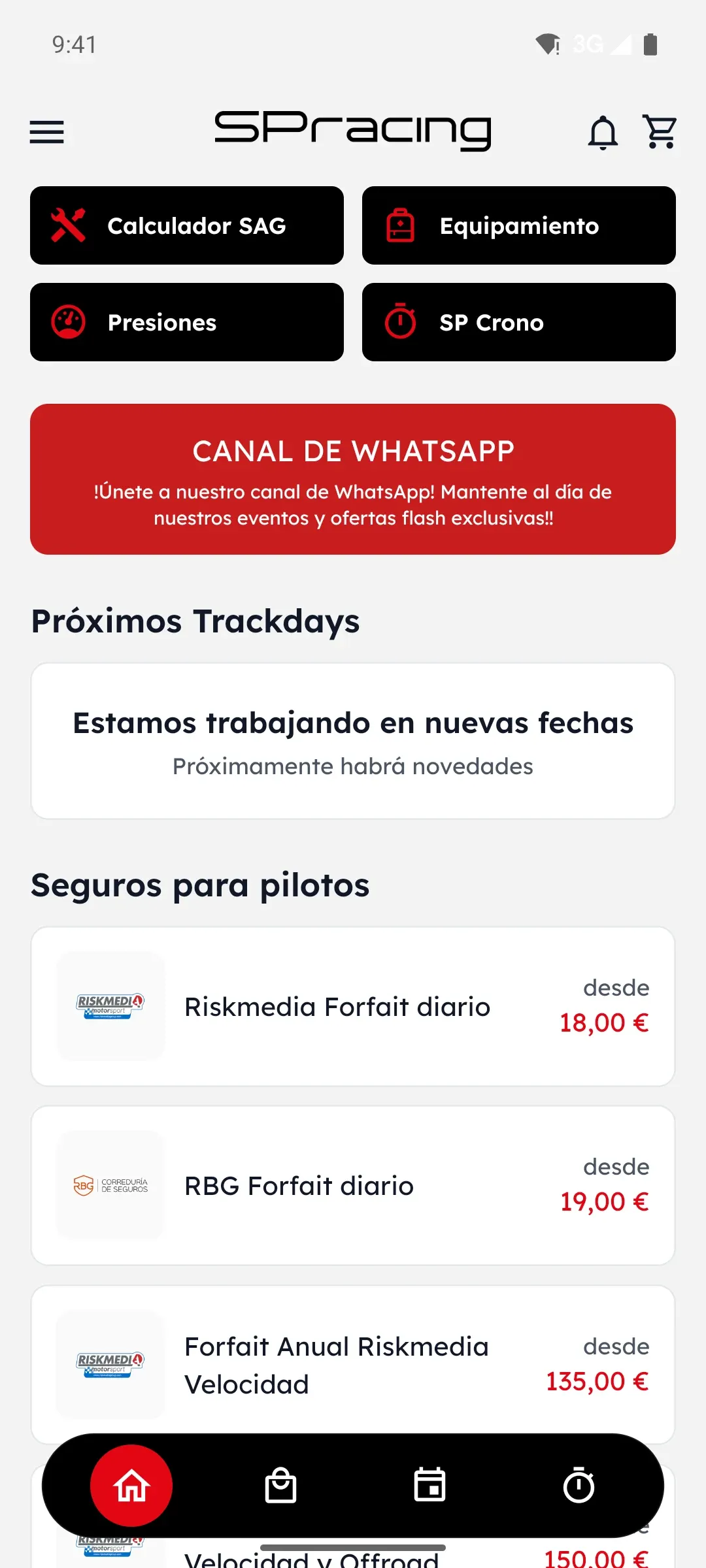 Inicio de la app SPRacing con los accesos a las herramientas del piloto