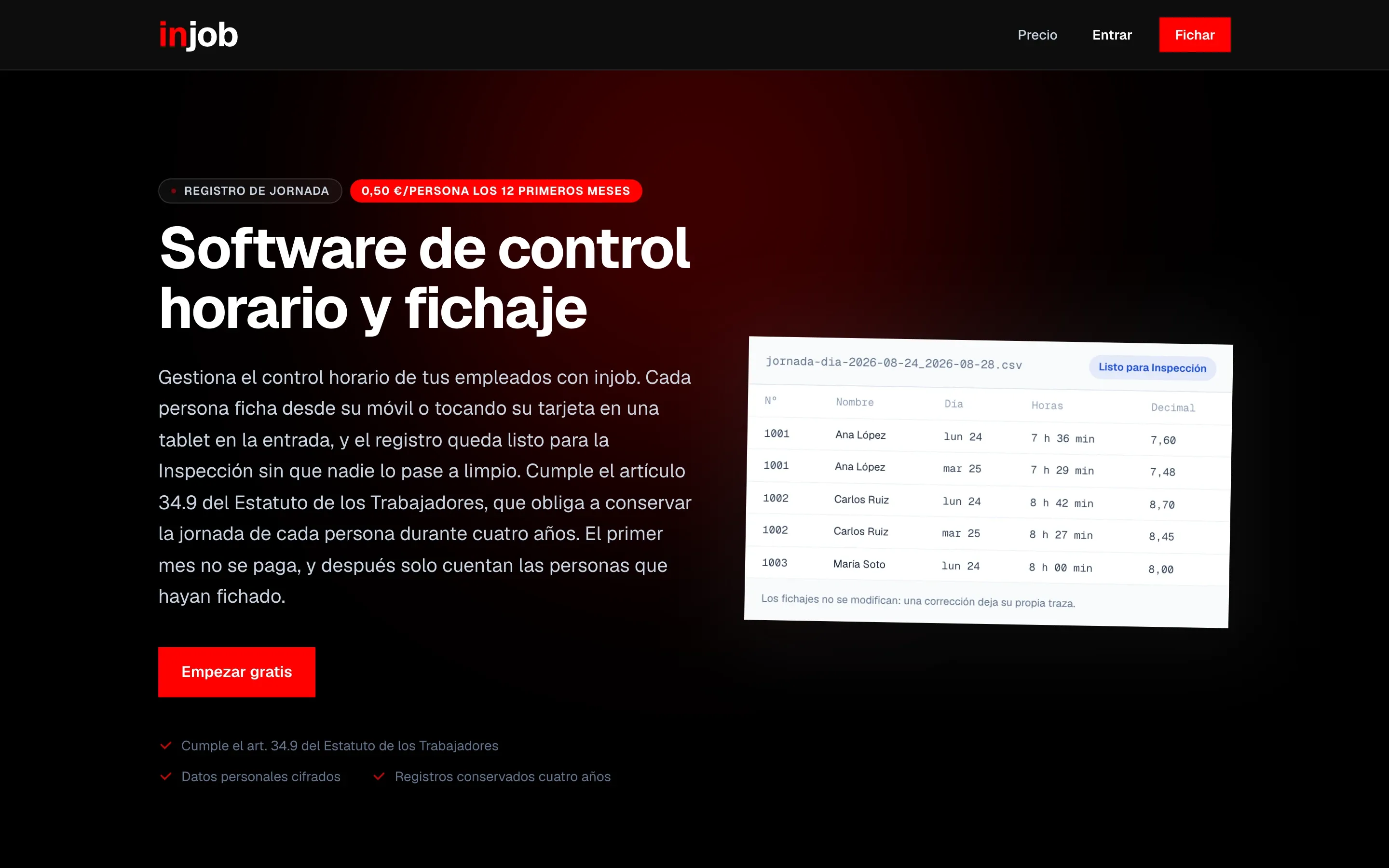 Portada de injob.es: software de control horario y fichaje