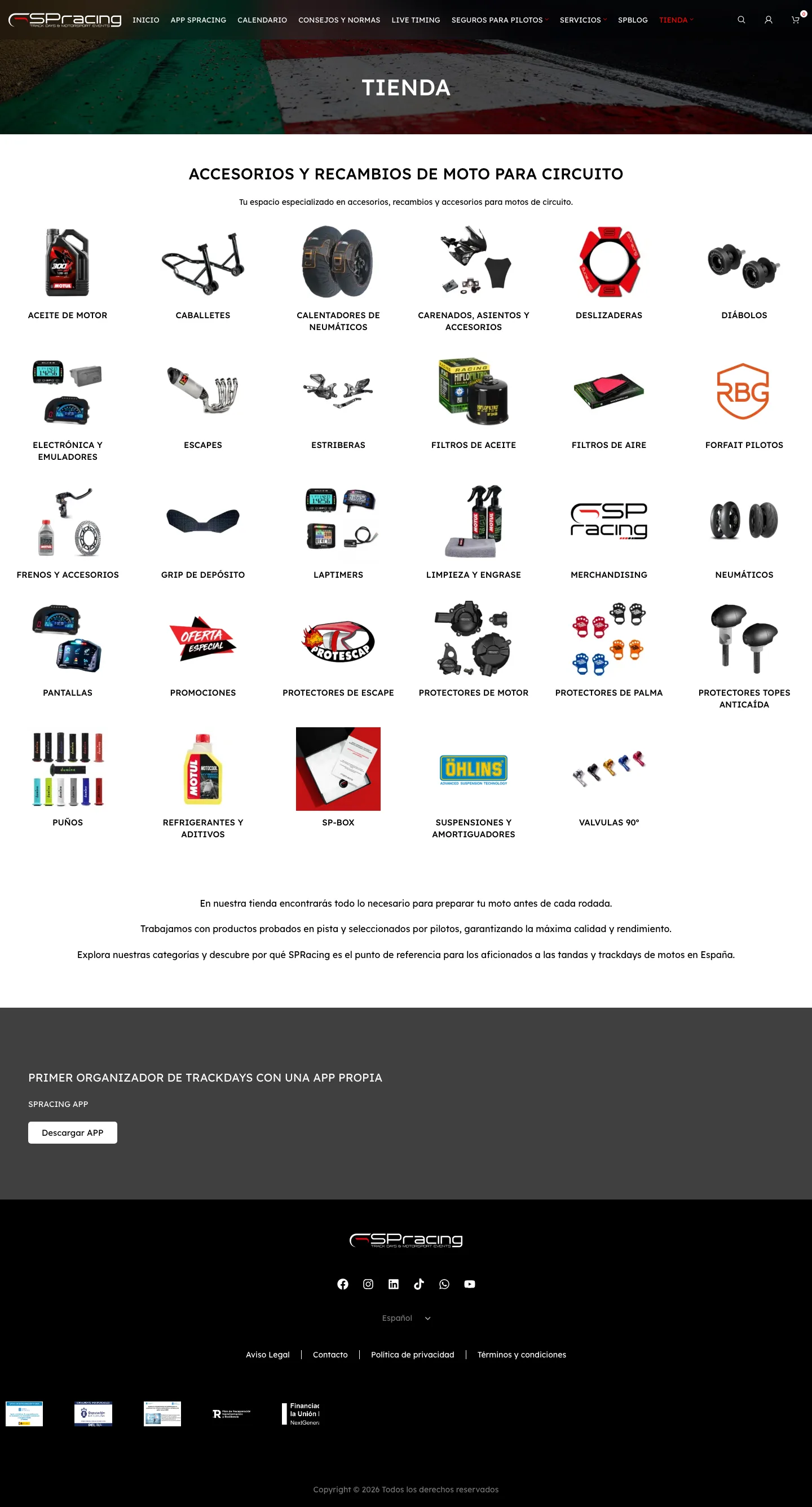 Tienda de spracing.es con las categorías de accesorios y recambios