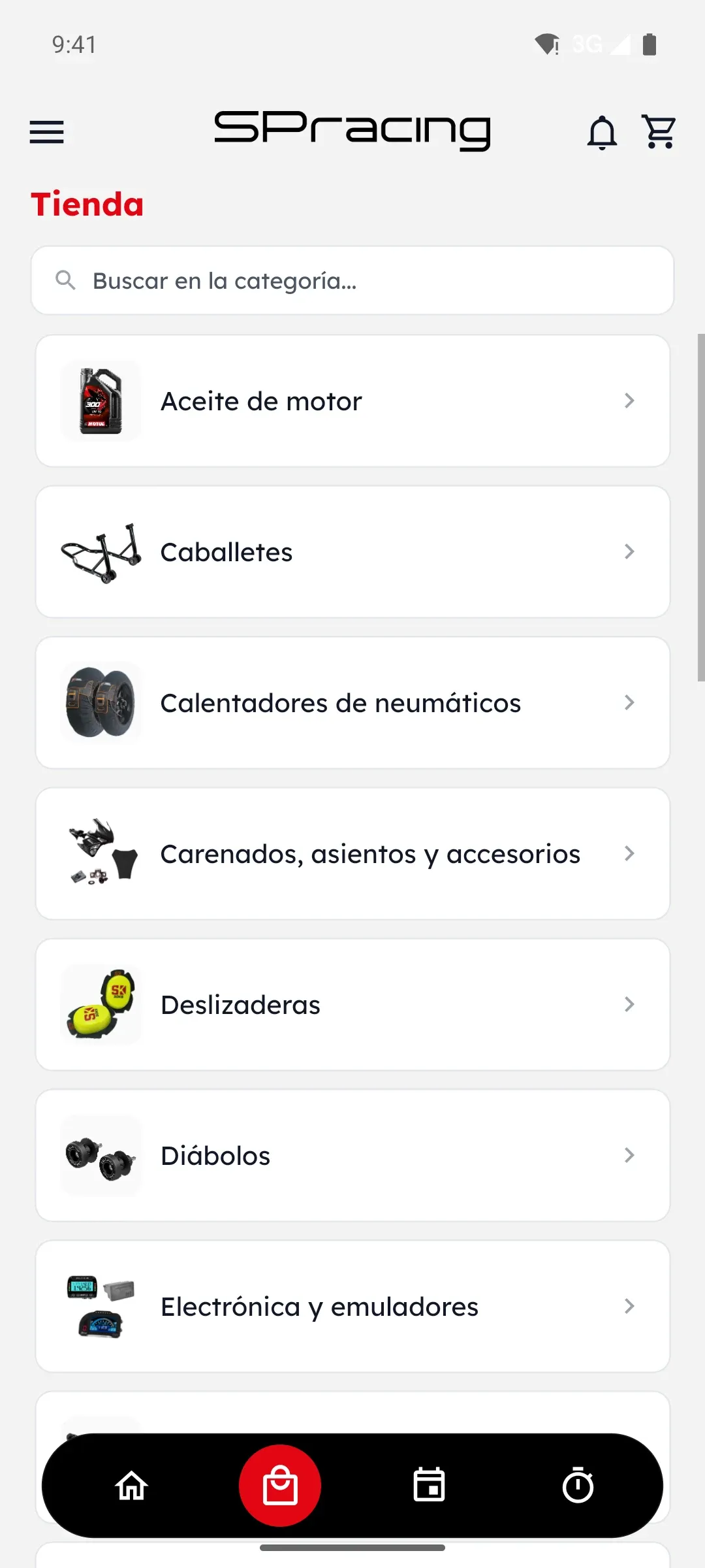 Tienda de la app SPRacing con las categorías de productos